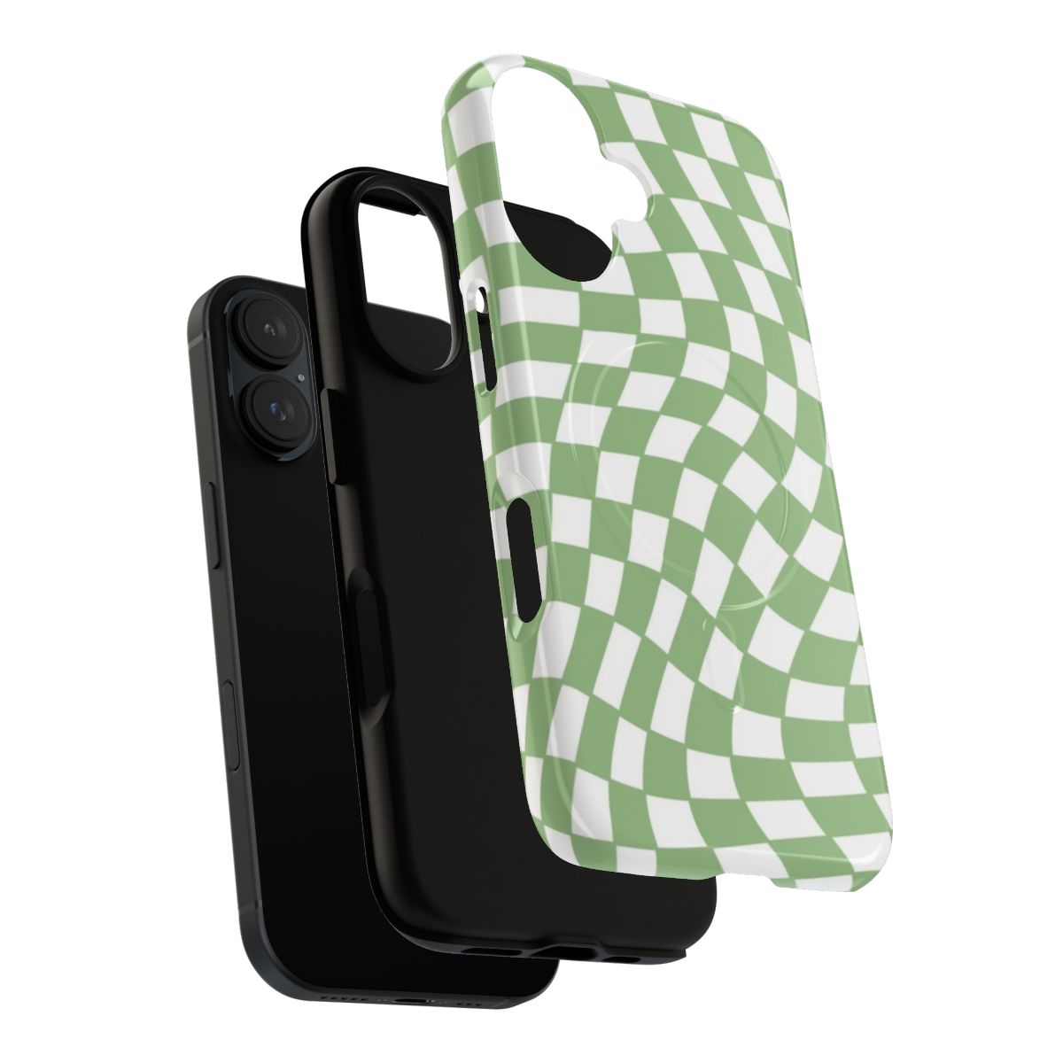 Distorted checkerboard pattern in sage green and white colors on a protective phone case - Layers