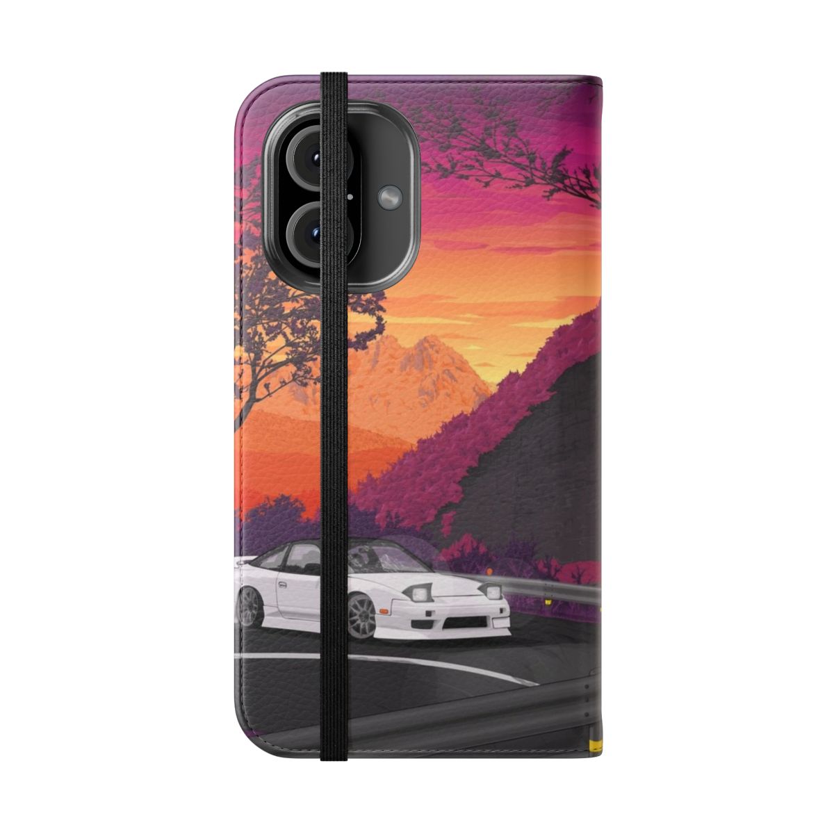 Flip cover phone case featuring a stylized Nissan 180SX S13 drift car design - Folded Front