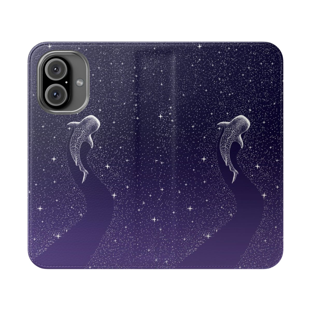 A flip cover phone case featuring a surreal, nature-inspired design with a whale shark swimming amidst a cosmic, starry space landscape.