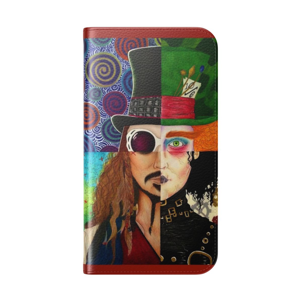 Colorful collage of Johnny Depp's iconic movie characters on a flip phone case - Folded Back