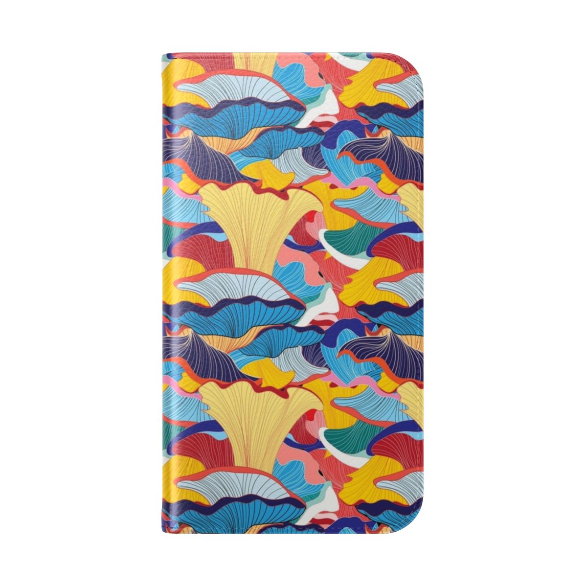 A colorful and creative phone case featuring a whimsical pattern of mushrooms in various shapes, sizes, and shades of red, orange, and brown. - Folded Back