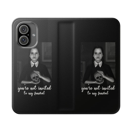 Dark gothic-style phone case with Wednesday Addams-inspired design