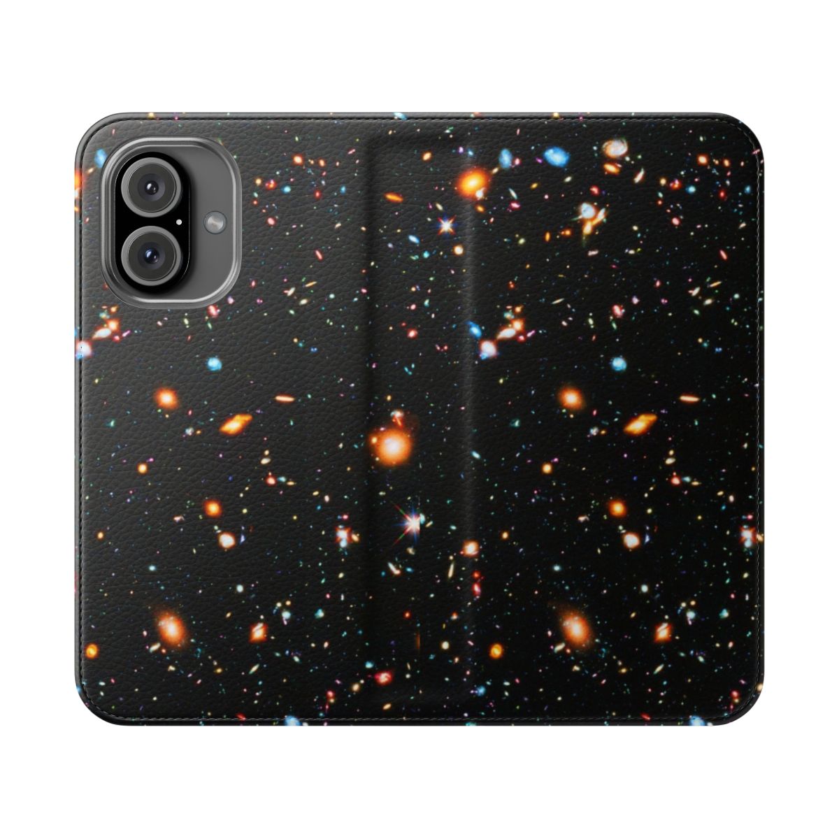 A flip phone case featuring the Hubble Extreme Deep Field image, showcasing the vast expanse of the universe and its countless galaxies.