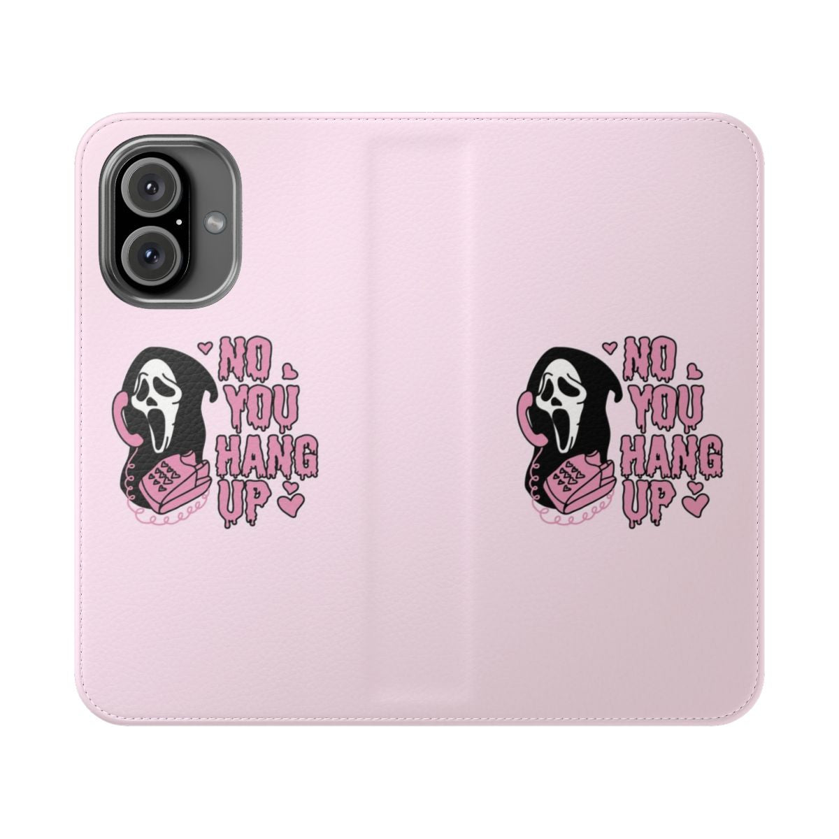 Ghostface themed flip cover phone case with a playful "No You Hang Up" design