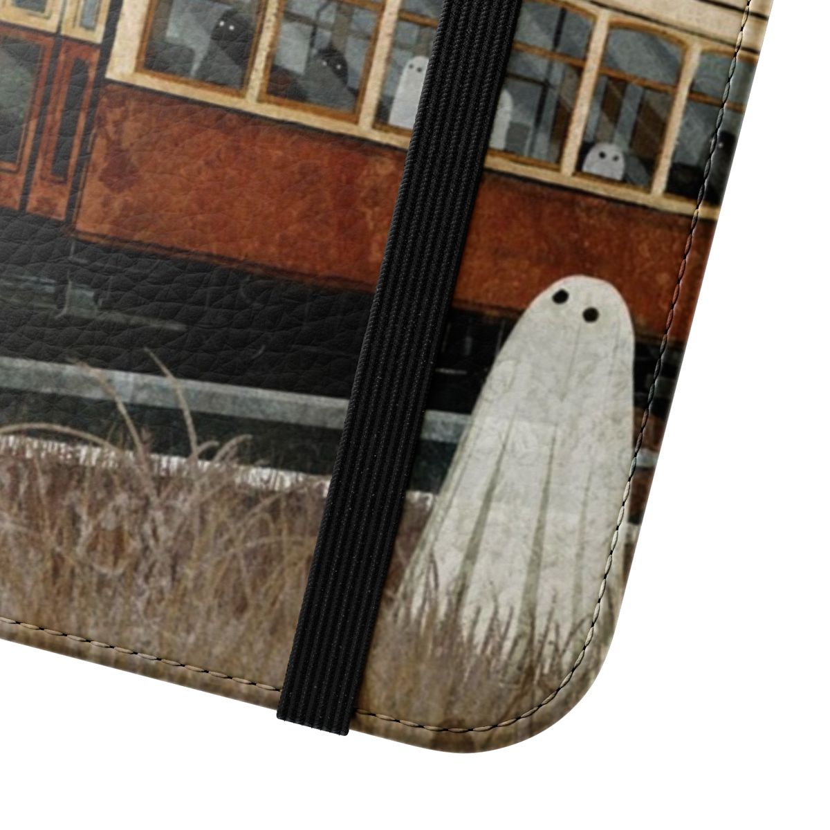 Haunted landscape with a ghostly tram on a phone case - Close Up