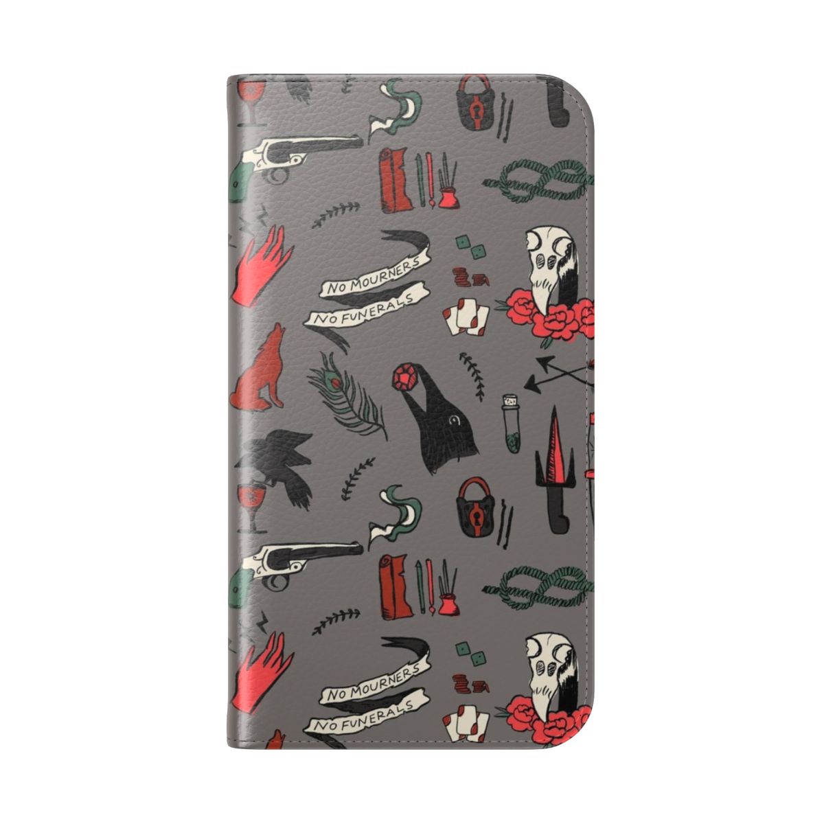 Flip cover phone case with a "No Mourners, No Funerals" design, inspired by the Six of Crows book series by Leigh Bardugo. - Folded Back