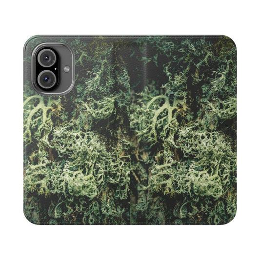 A flip cover phone case with a nature-inspired design featuring green moss, fungi, and trees in a forest landscape.