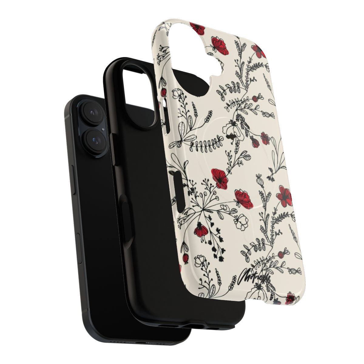 A vibrant red floral pattern phone case with a magnetic closure and tough construction. - Layers