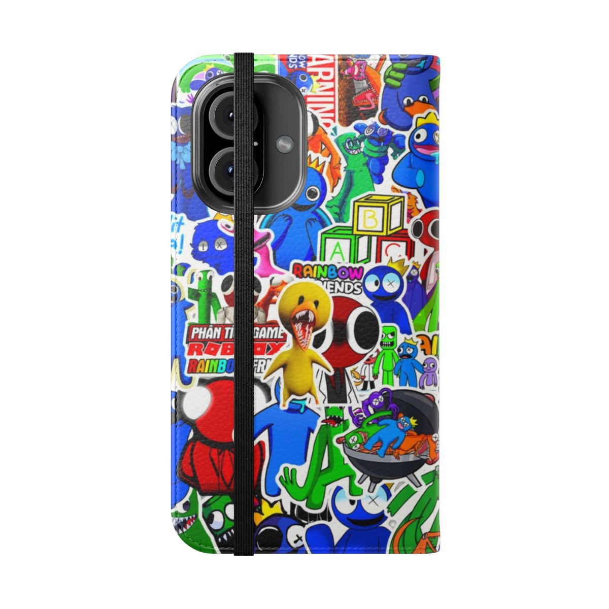 Vibrant, multicolored phone case with rainbow friends-style graphics and characters - Folded Front