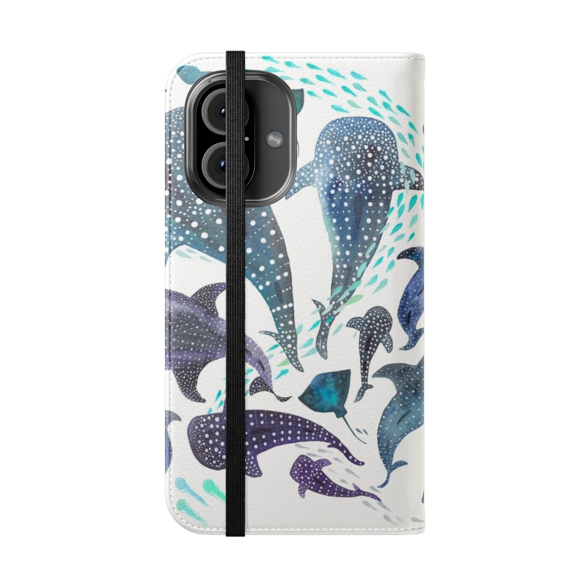 A vibrant watercolor design featuring a whale shark, ray, and other sea creatures on a phone case. - Folded Front