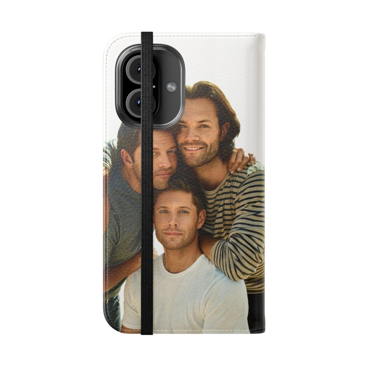 Supernatural-themed flip cover phone case featuring Jared Padalecki, Jensen Ackles, and Misha Collins - Folded Front