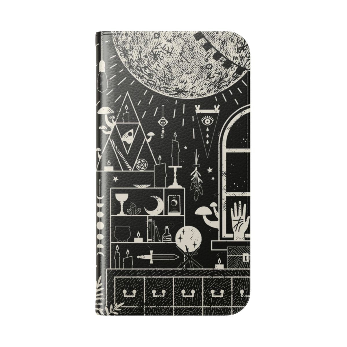 Flip cover phone case with a moon altar design in black and white - Folded Back