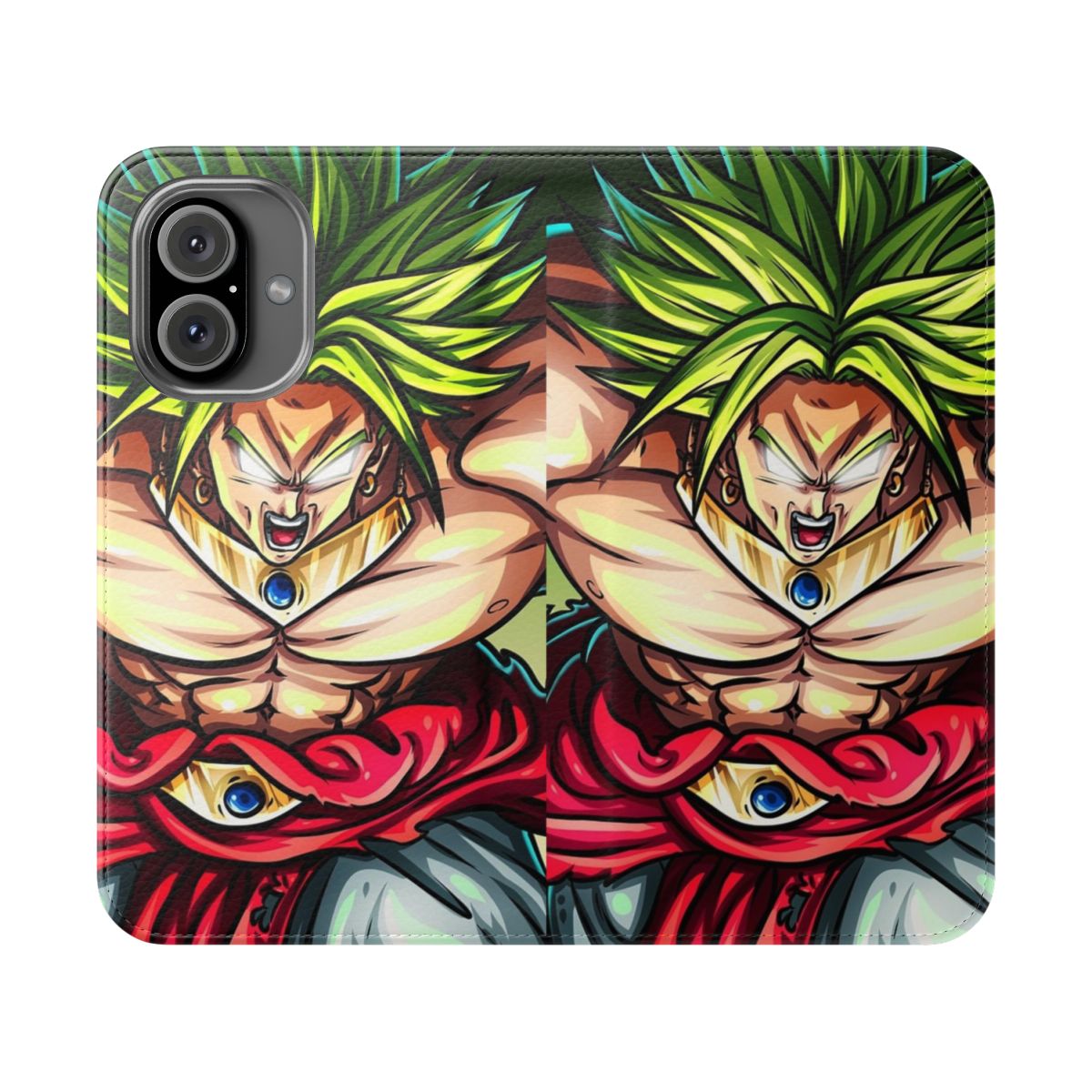 A stylish and durable phone case featuring the iconic Dragon Ball Z character, Broly, in a high-quality flip cover design.