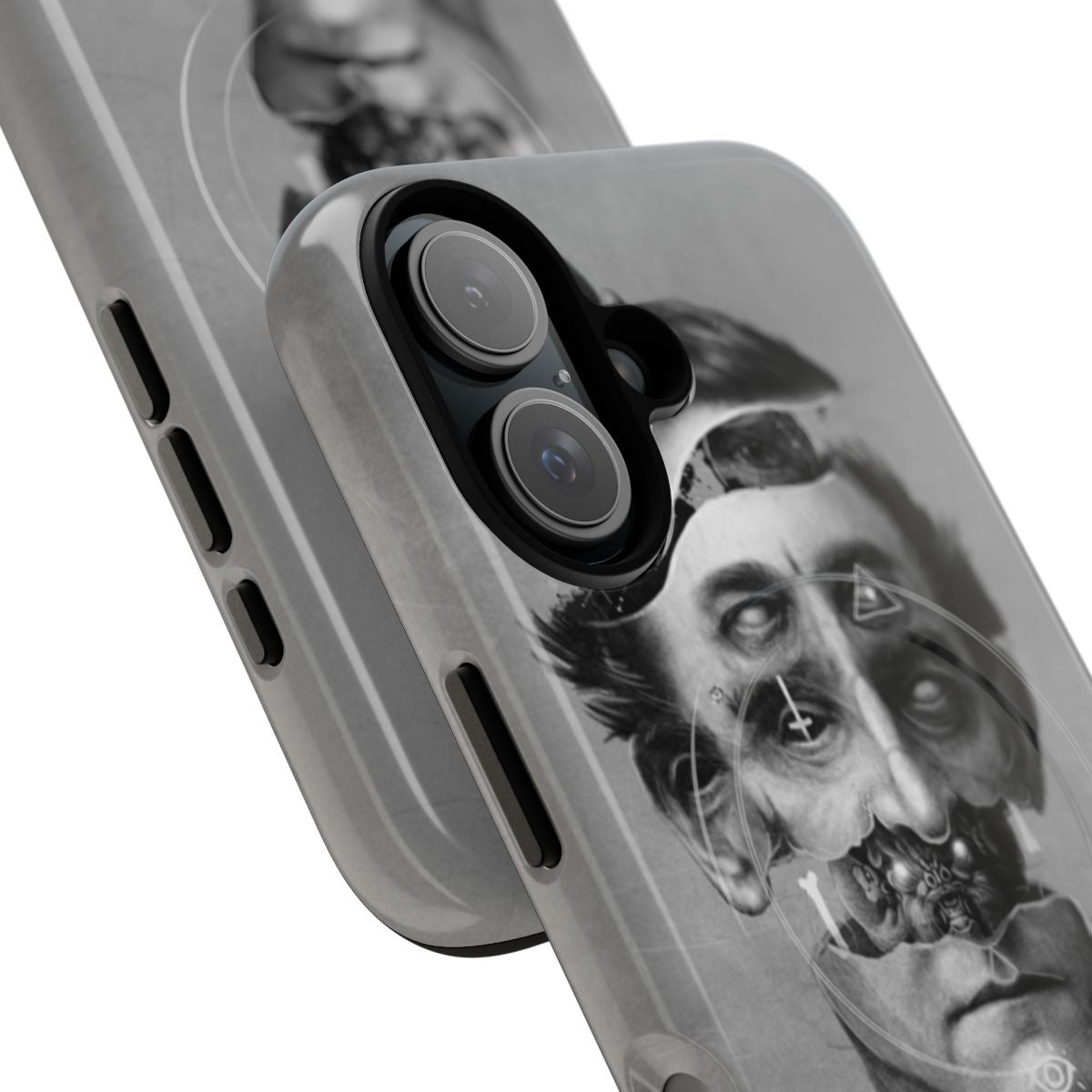 Visionary magnetic phone case with occult, dark art design featuring creepy portrait with scary eyes and mystical symbols - Detail