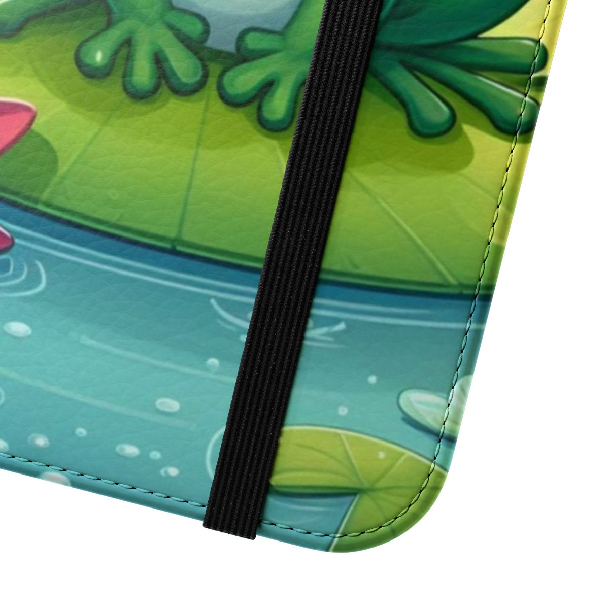 Whimsical frog-themed flip phone case with a ghibli-inspired design - Close Up