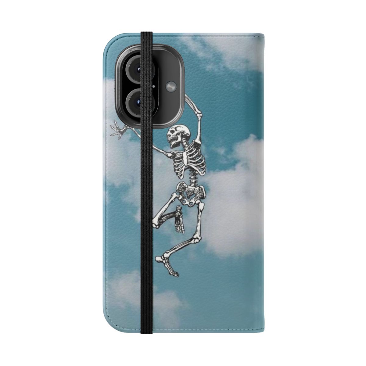 Image of a skull dancing in a beautiful blue sky on a flip phone case. - Folded Front