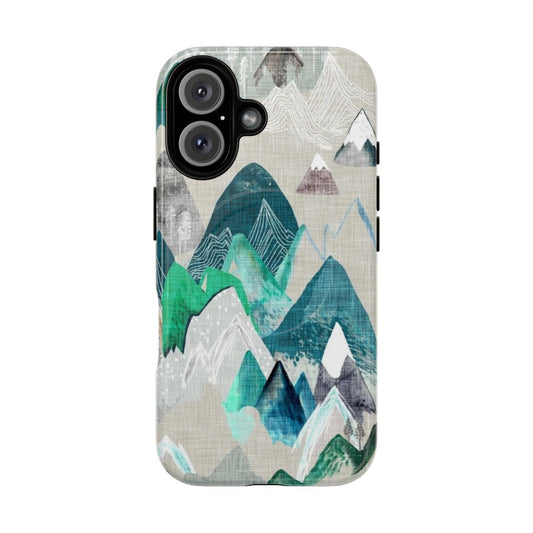 Watercolor mountain landscape phone case with trees and nature elements