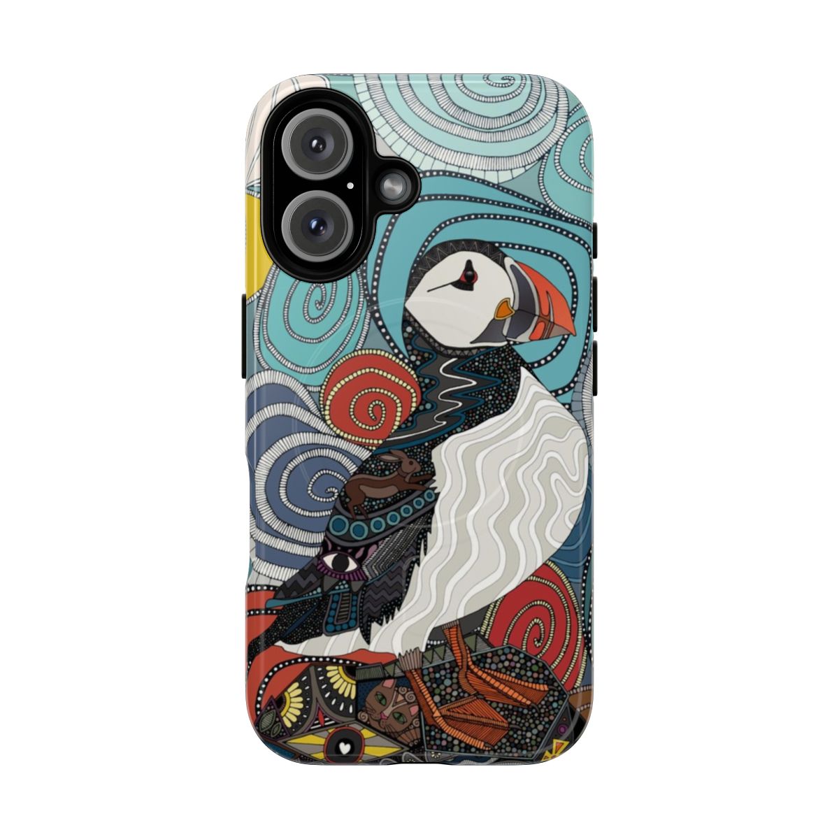 A vibrant phone case featuring a puffin bird in a coastal Cornwall design by artist Sharon Turner.