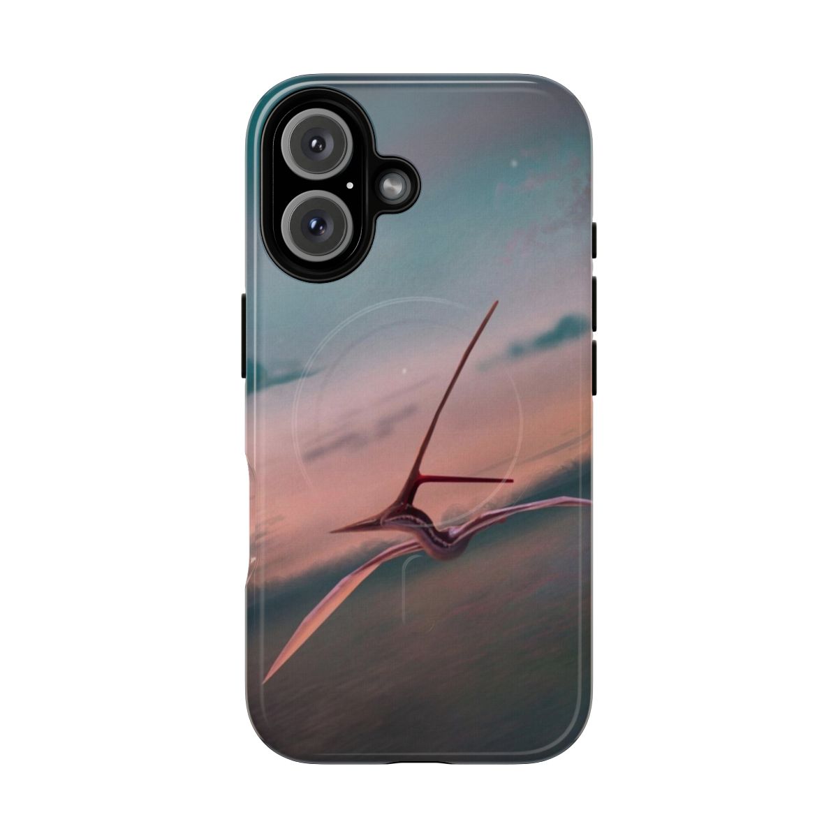 Magnetic tough phone case featuring a nyctosaurus pterosaur flying at sunset