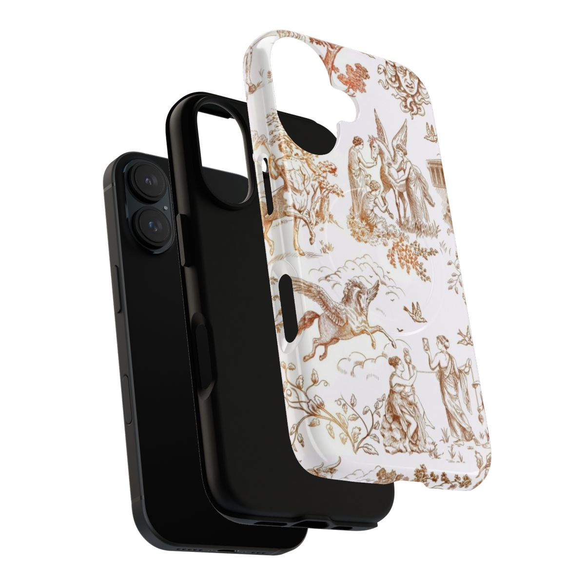 Magnetic phone case featuring a toile design with centaurs, minotaurs, and Pegasus against a nature backdrop. - Layers