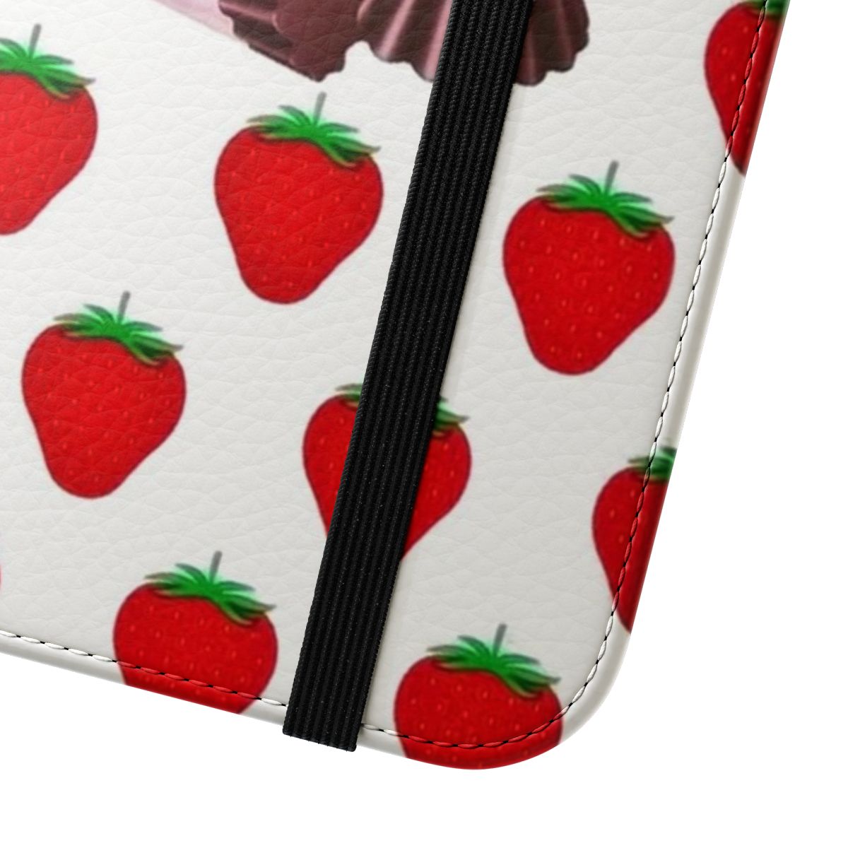 Vibrant strawberry chocolate themed flip cover phone case with cute, colorful anime-inspired design. - Close Up