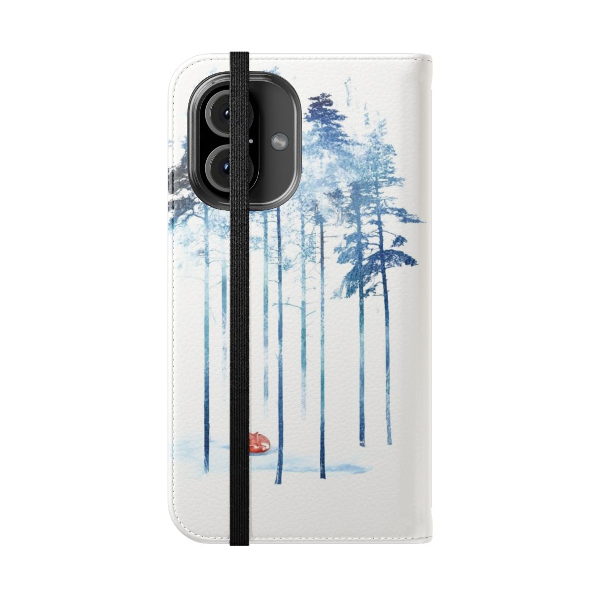 Flip cover phone case with a watercolor painting of a fox in a forest landscape - Folded Front