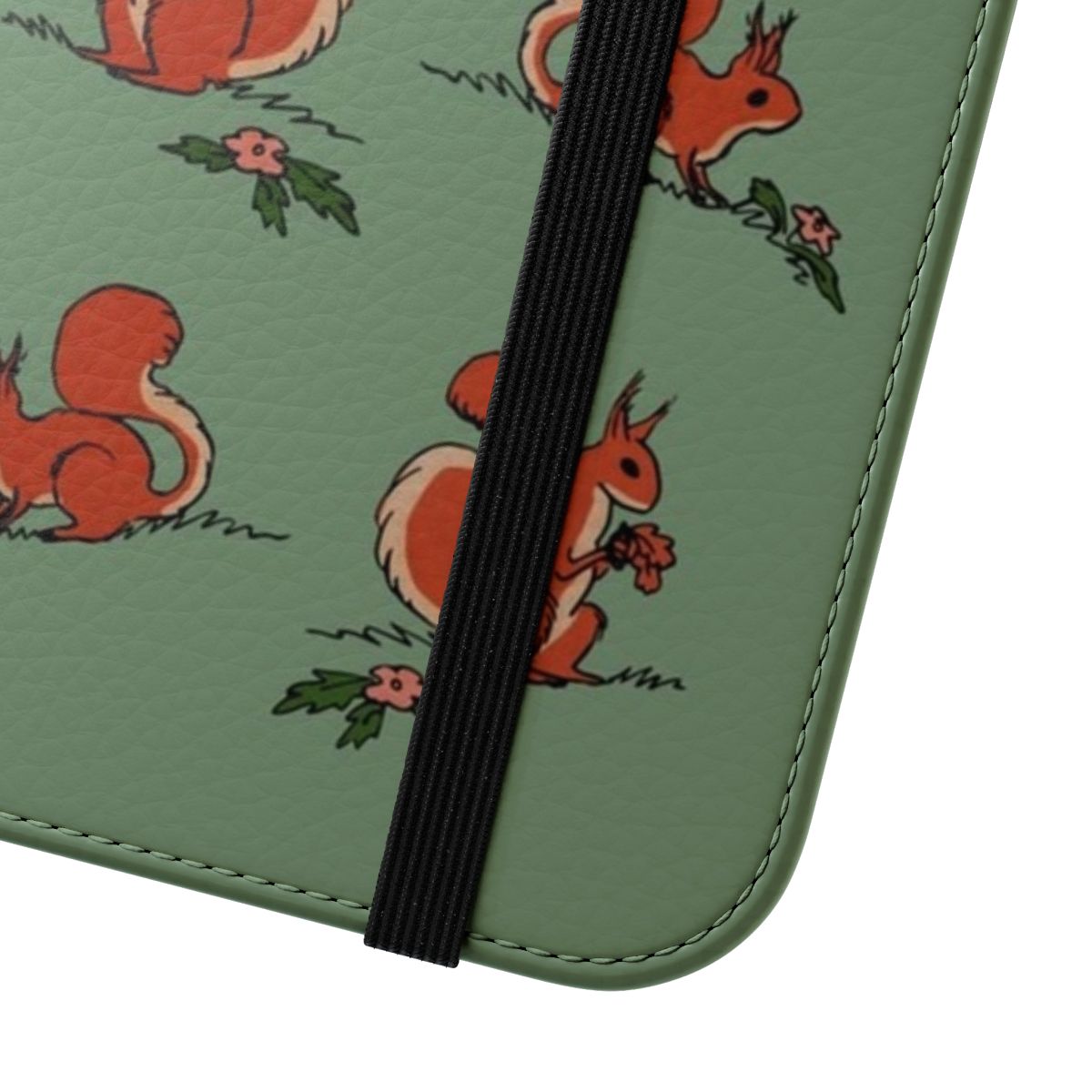 Flip cover phone case with an adorable squirrel design in a whimsical woodland setting - Close Up