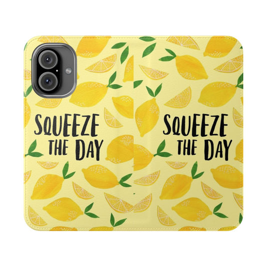 Squeeze the Day Lemon Flip Cover Phone Case with Motivational Pun Design