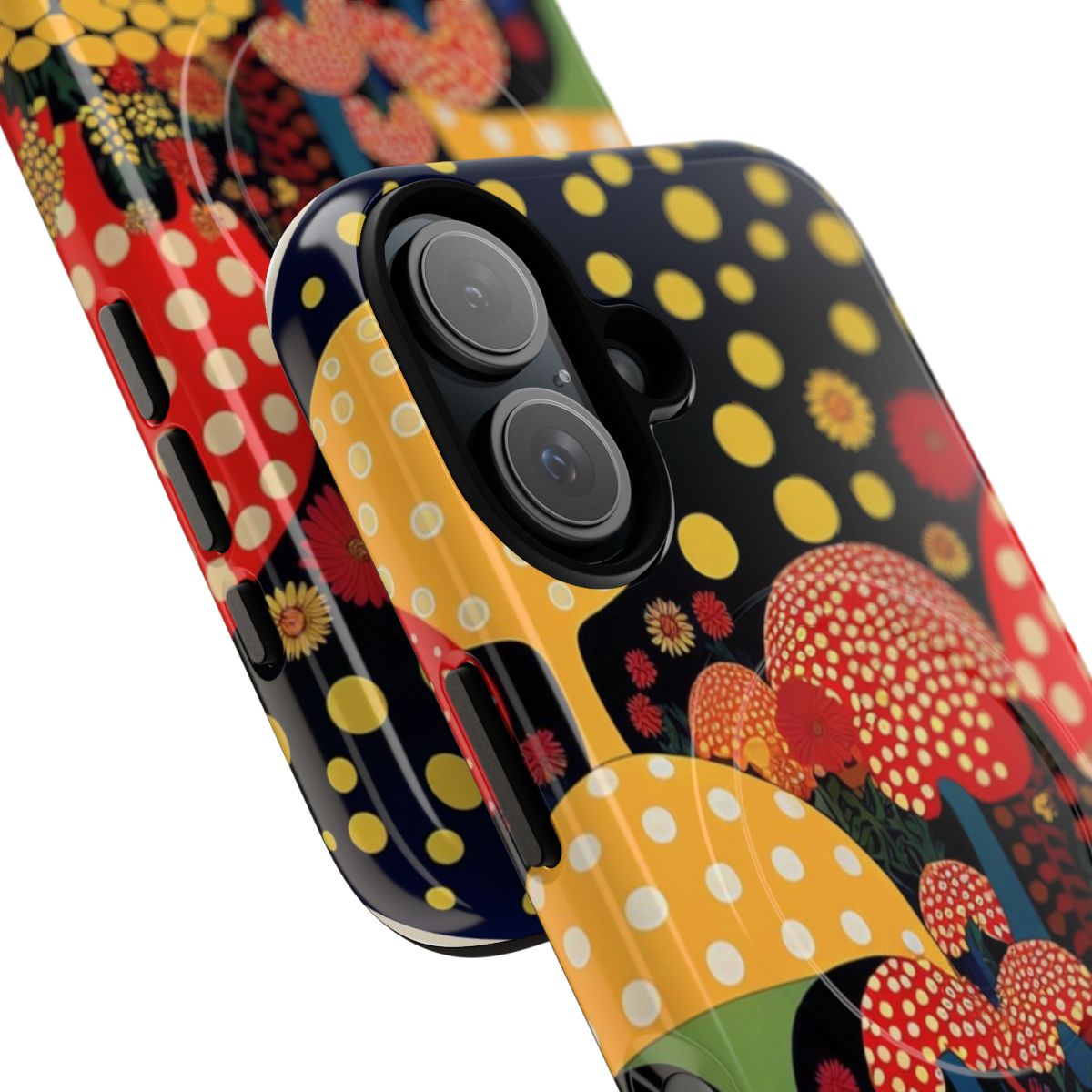 Vibrant polka dot mushroom pattern phone case in a surreal, psychedelic style - Detail