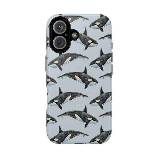 Artistic phone case with a hand-painted orca design in a vibrant watercolor style against a blue background.