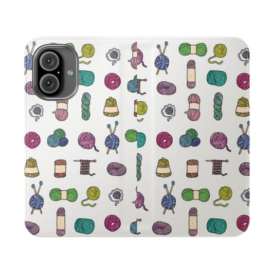 Watercolor illustration of knitting yarn balls on a flip cover phone case.