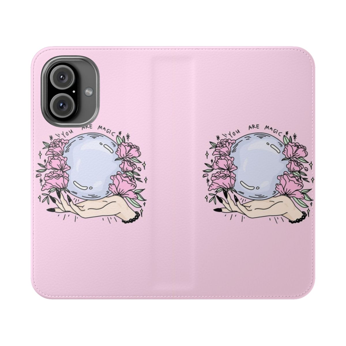 A pink flip cover phone case featuring a floral, magical design with roses, crystals, and a psychic aesthetic.