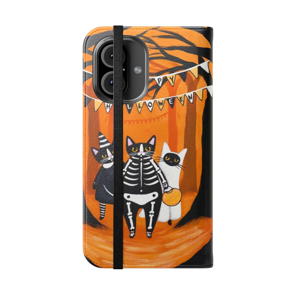 A flip phone case featuring a spooky cat design perfect for fall and Halloween. - Folded Front