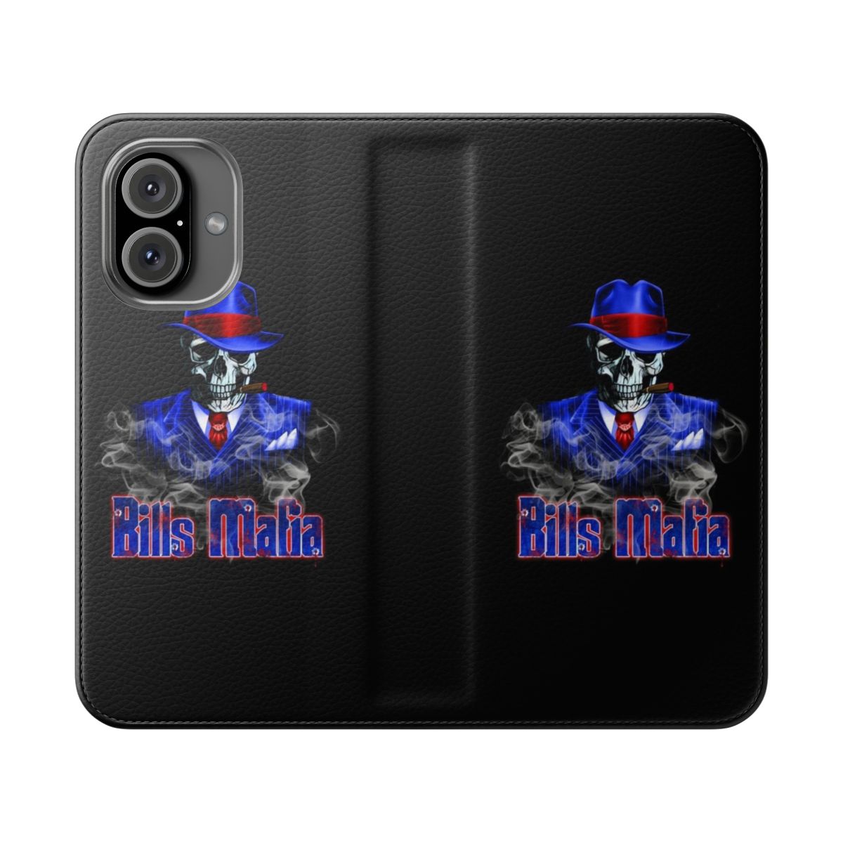 Buffalo Bills-inspired flip phone case with a skeleton design