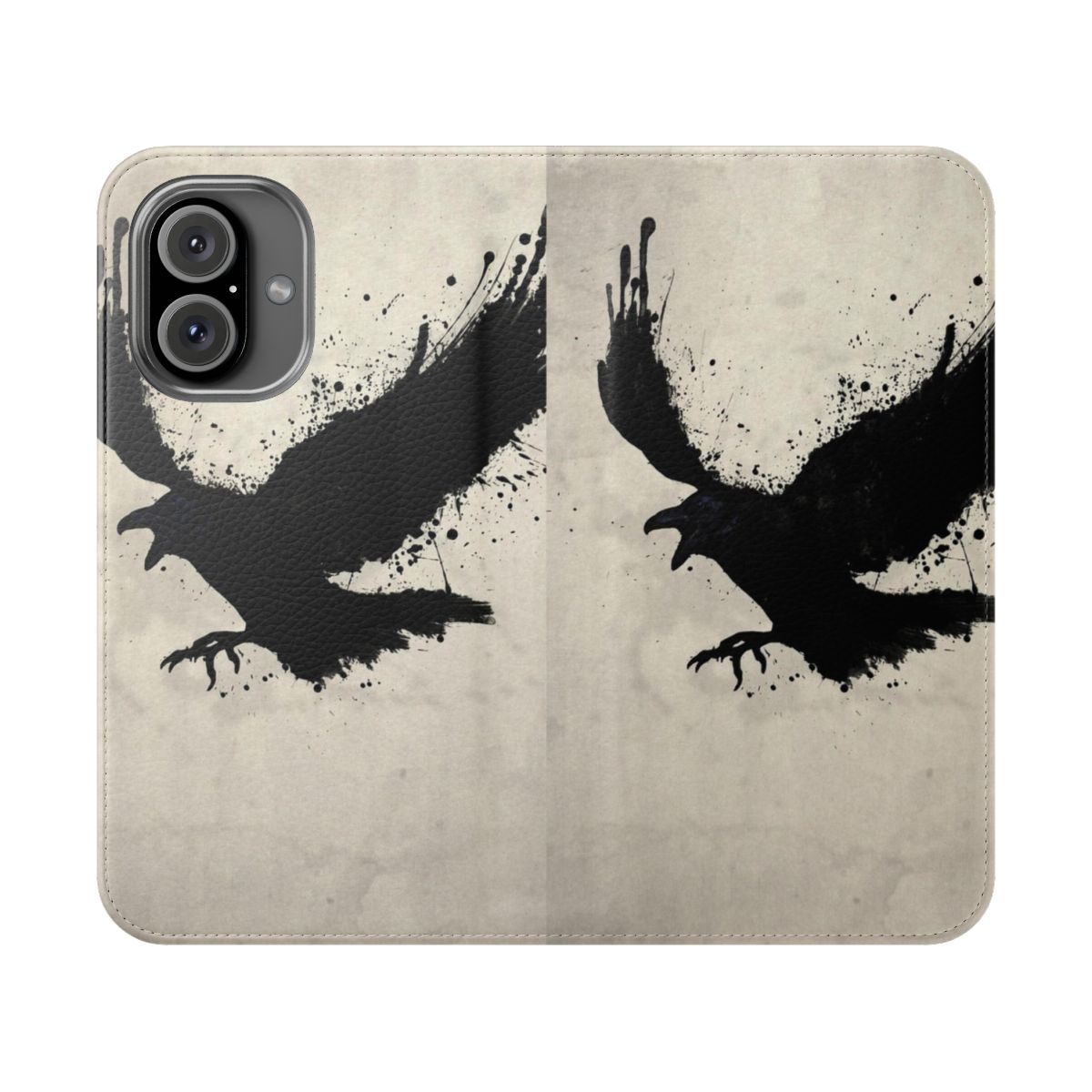 Raven-Inspired Flip Cover Phone Case with Sketch and Spatter Design