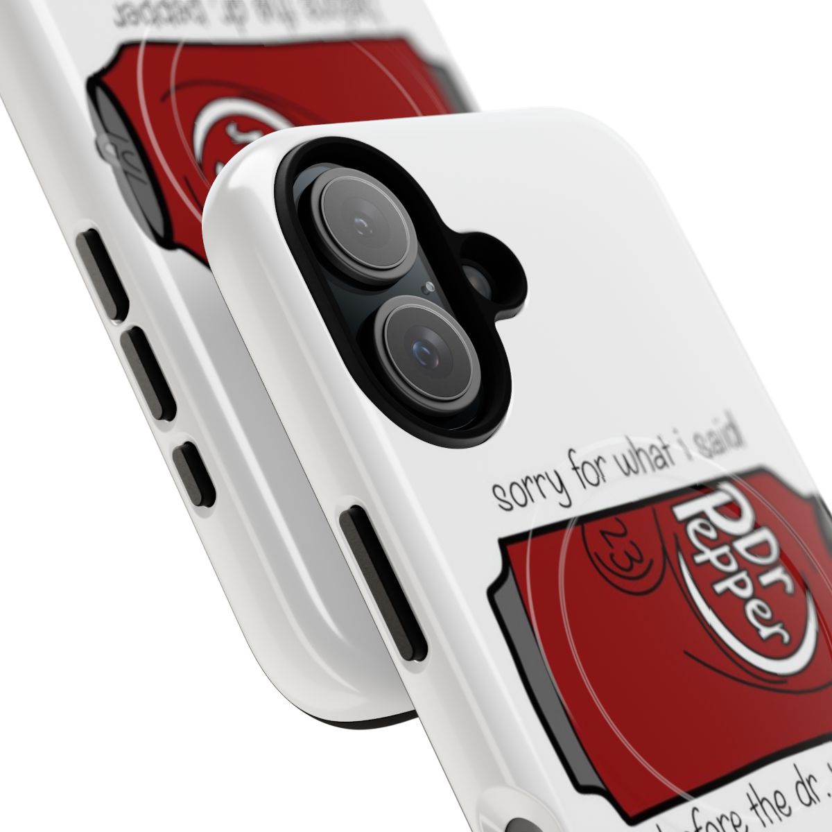 Magnetic phone case with a humorous Dr Pepper soda design - Detail