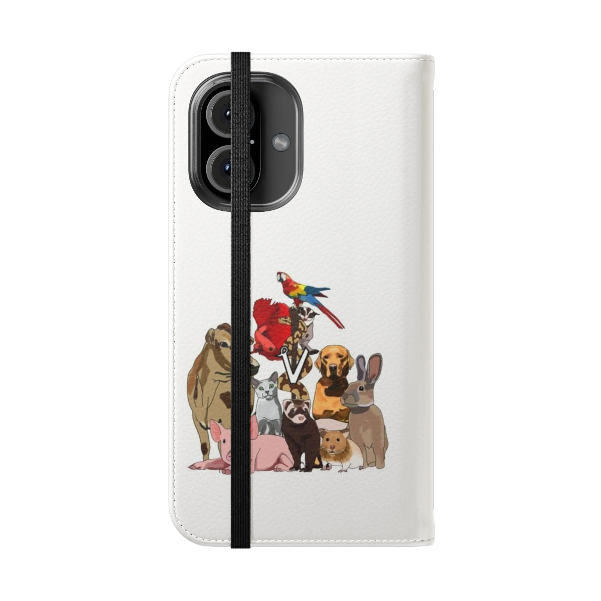 Colorful mixed animal print phone case with dog, cat, bird, and fish designs. - Folded Front