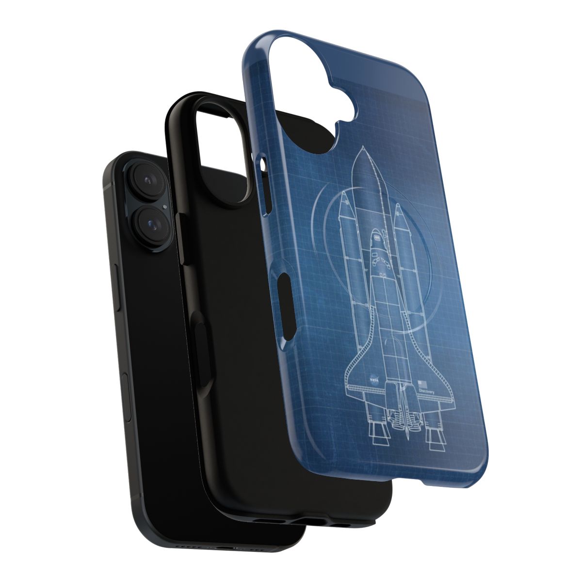 Detailed blueprint design of a space shuttle on a light blue background, featured on a magnetic tough phone case. - Layers