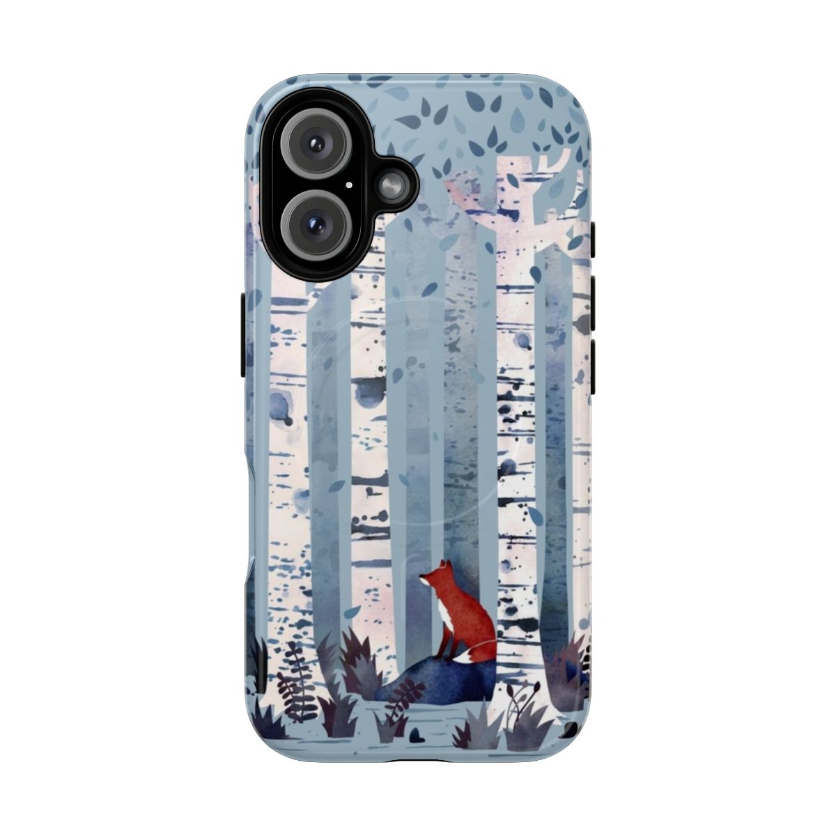 Magnetic phone case with a blue watercolor nature design featuring birch trees, ferns, and a tranquil forest.