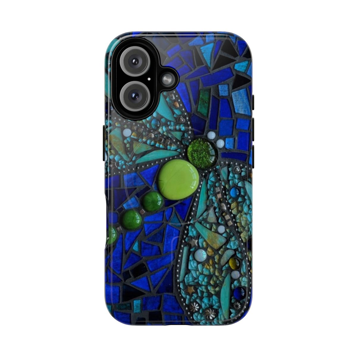 Exquisite stained glass mosaic dragonfly design on a magnetic phone case