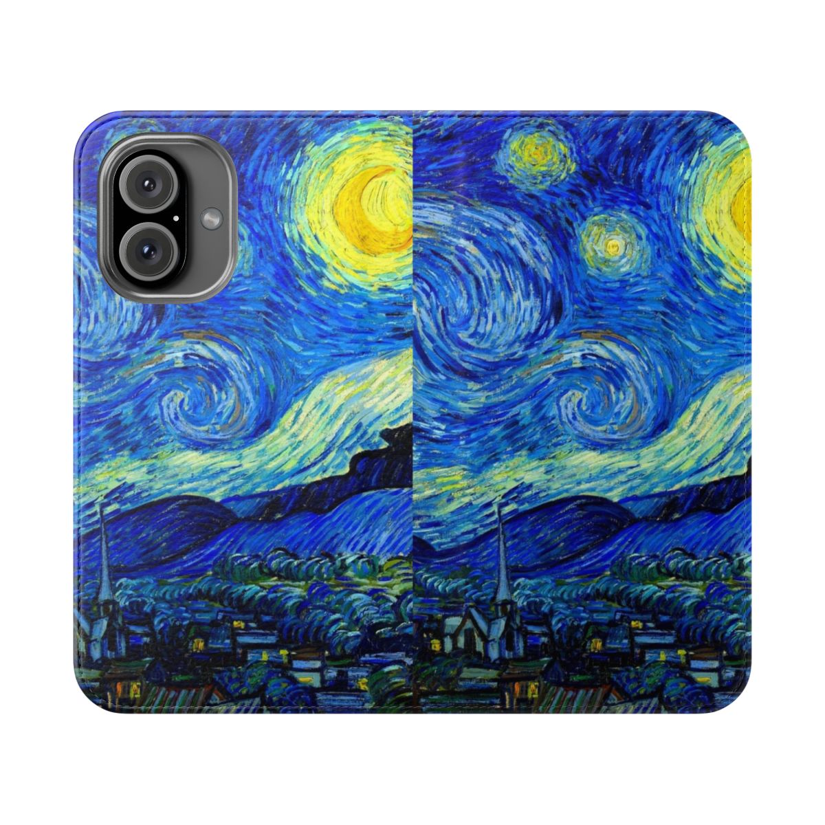 A vibrant blue and yellow flip phone case featuring the iconic "Starry Night" painting by the post-impressionist artist Vincent van Gogh.