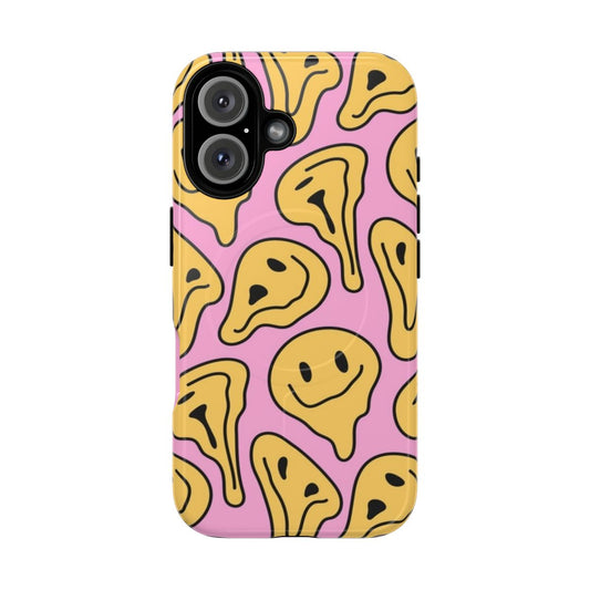 Colorful melting smiley face design on a magnetic tough phone case