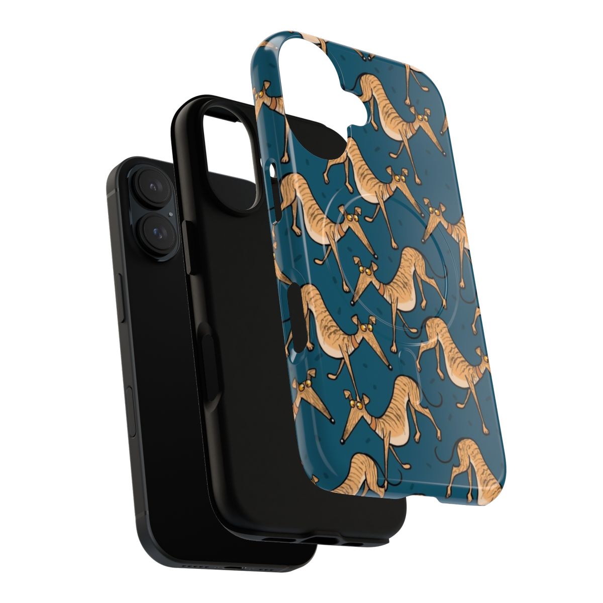 Brindle dog cartoon phone case design featuring greyhound, whippet, and lurcher hounds - Layers