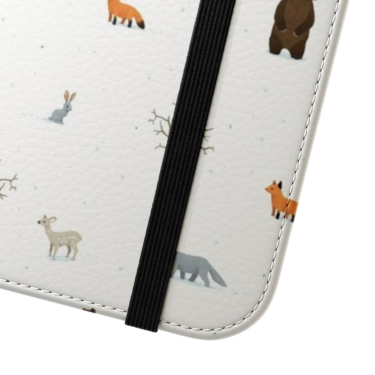 A winter-themed phone case featuring a pattern of forest animals like foxes, bears, wolves, deer, and rabbits in a snowy woodland setting. - Close Up