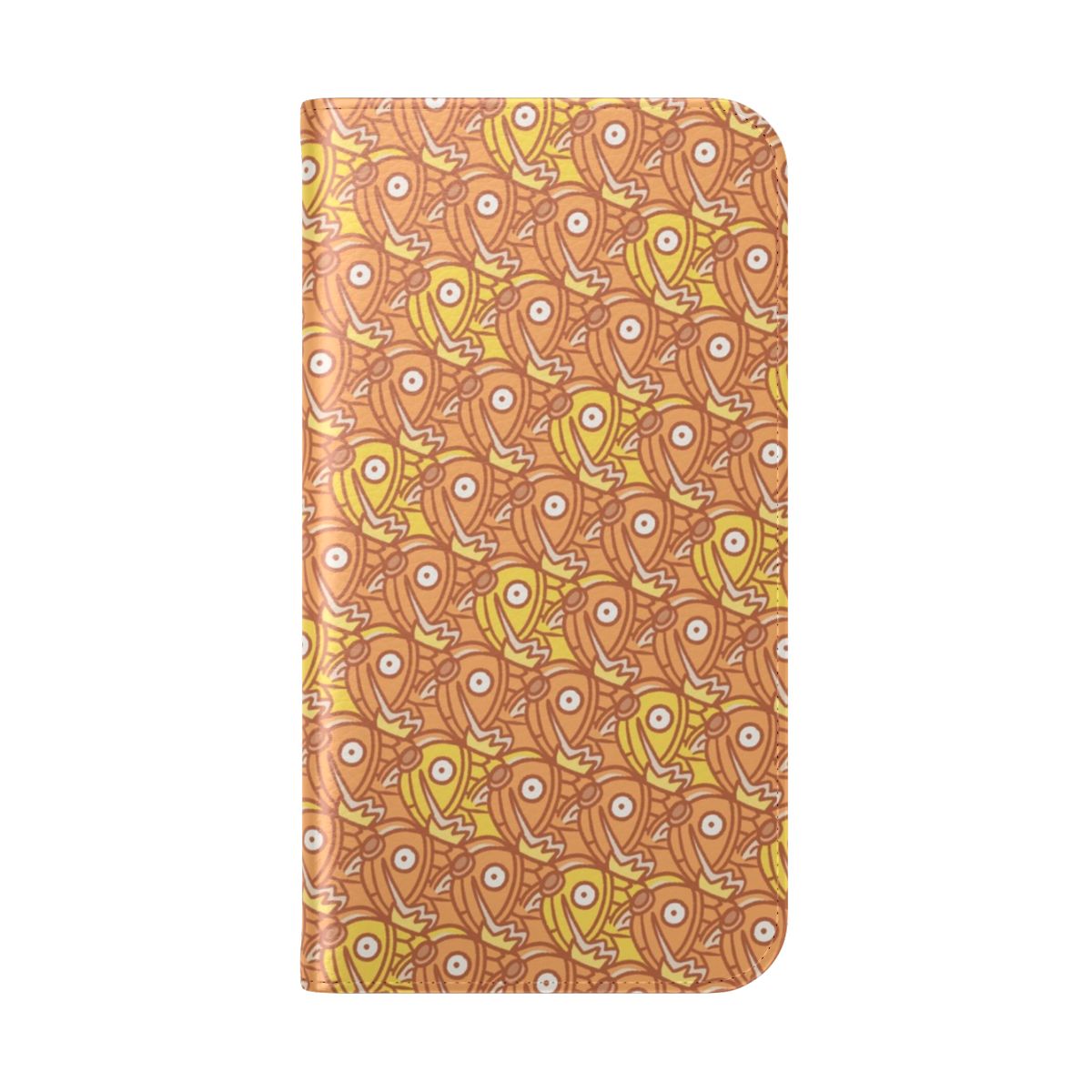 Flip cover phone case with a stylized, repeating pattern of magikarp and gyarados, inspired by the Pokemon franchise. - Folded Back