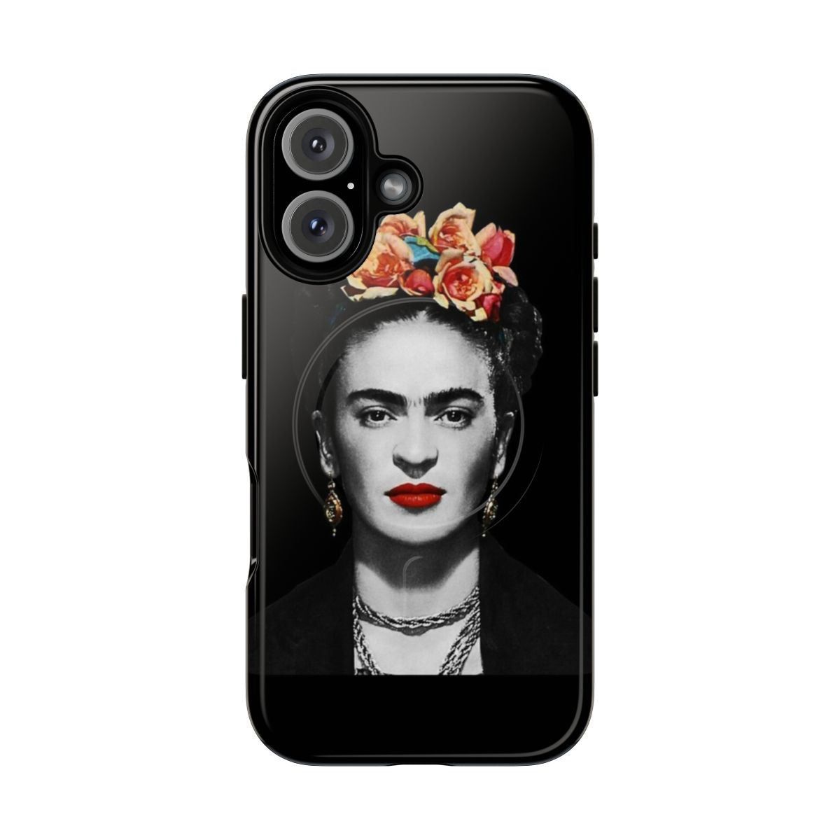 A phone case featuring a black and white watercolor portrait of the iconic Mexican artist Frida Kahlo.