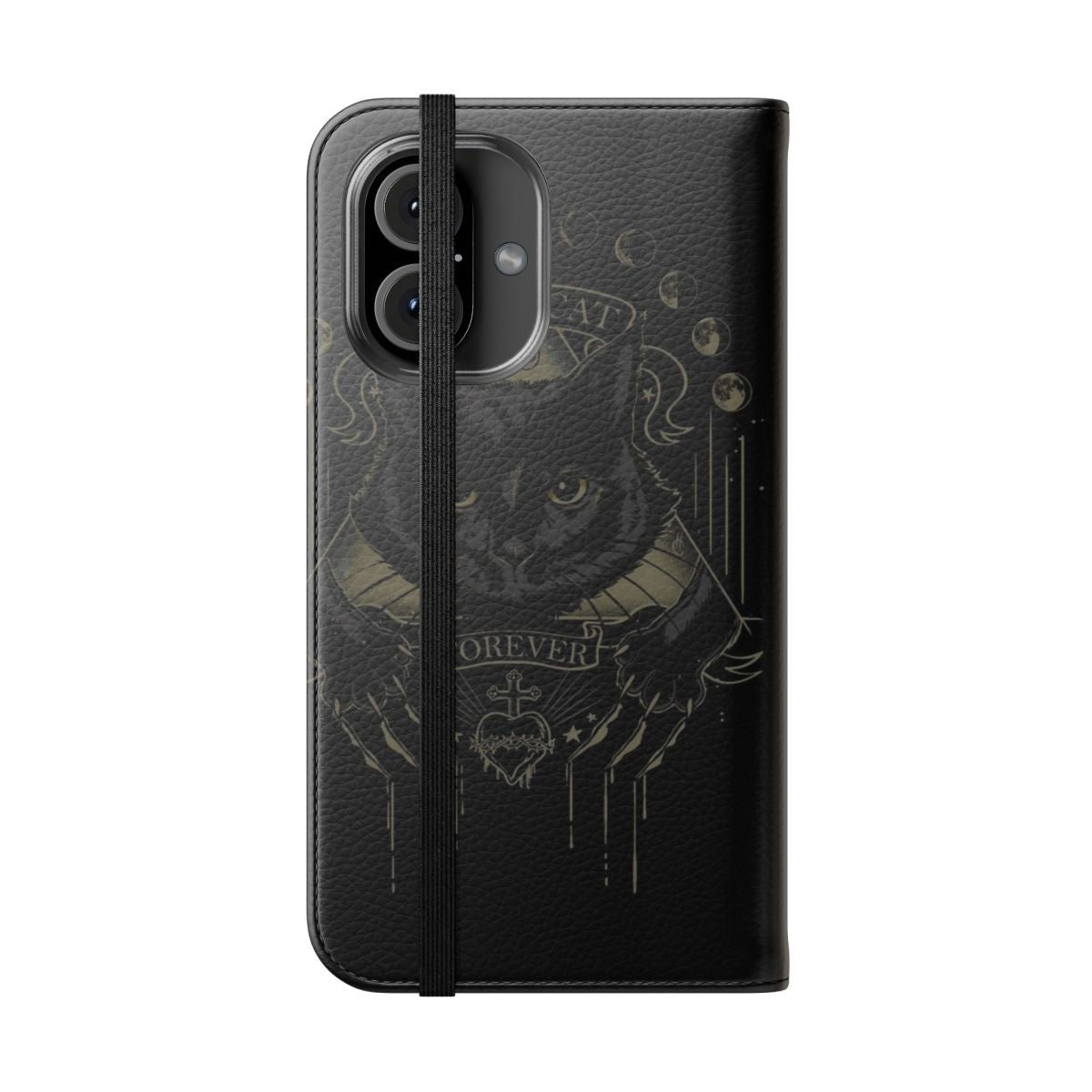 Black cat flip phone case with occult and witchcraft design - Folded Front