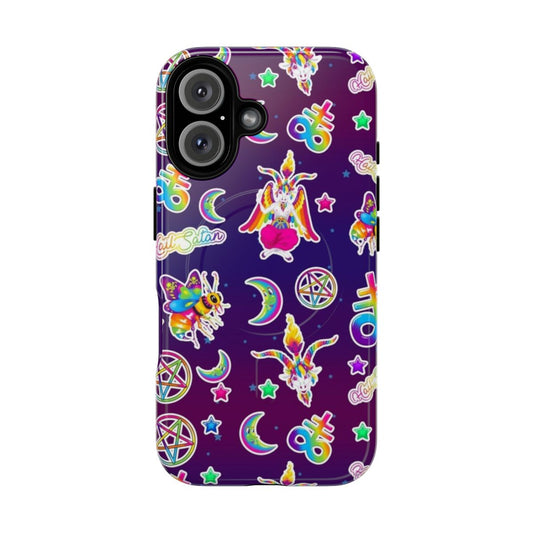 Colorful 90s-inspired phone case with a bold baphomet design