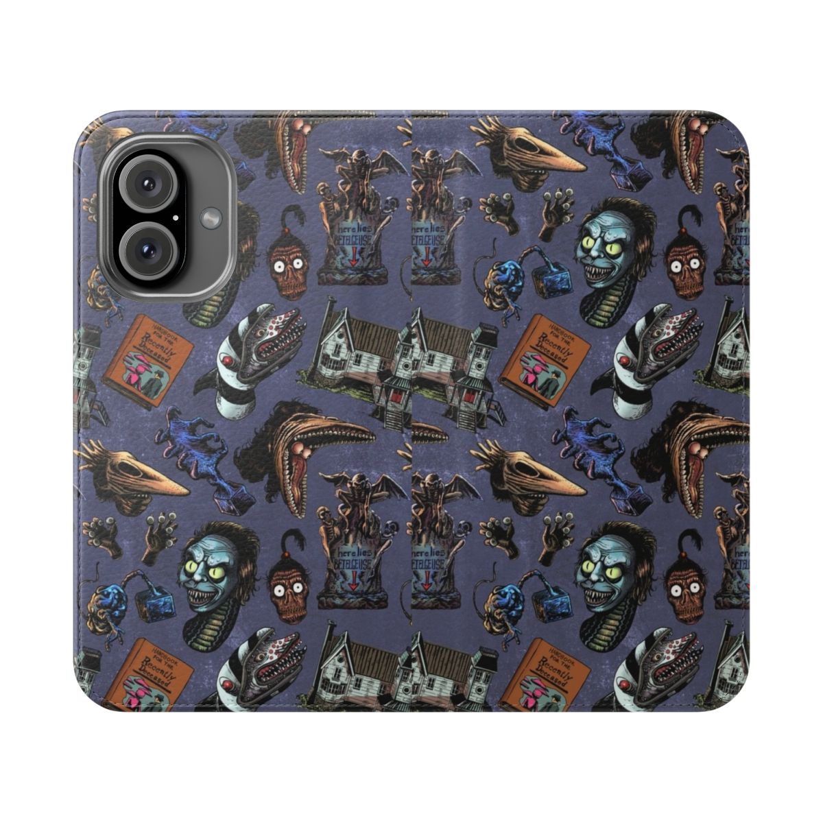 Violet flip cover phone case with a seamless Beetlejuice-inspired pattern