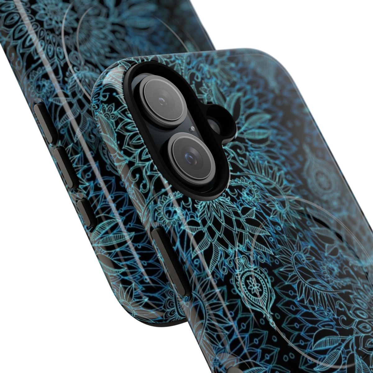 Detailed floral and botanical doodle pattern in teal, black, and aqua colors on a phone case - Detail